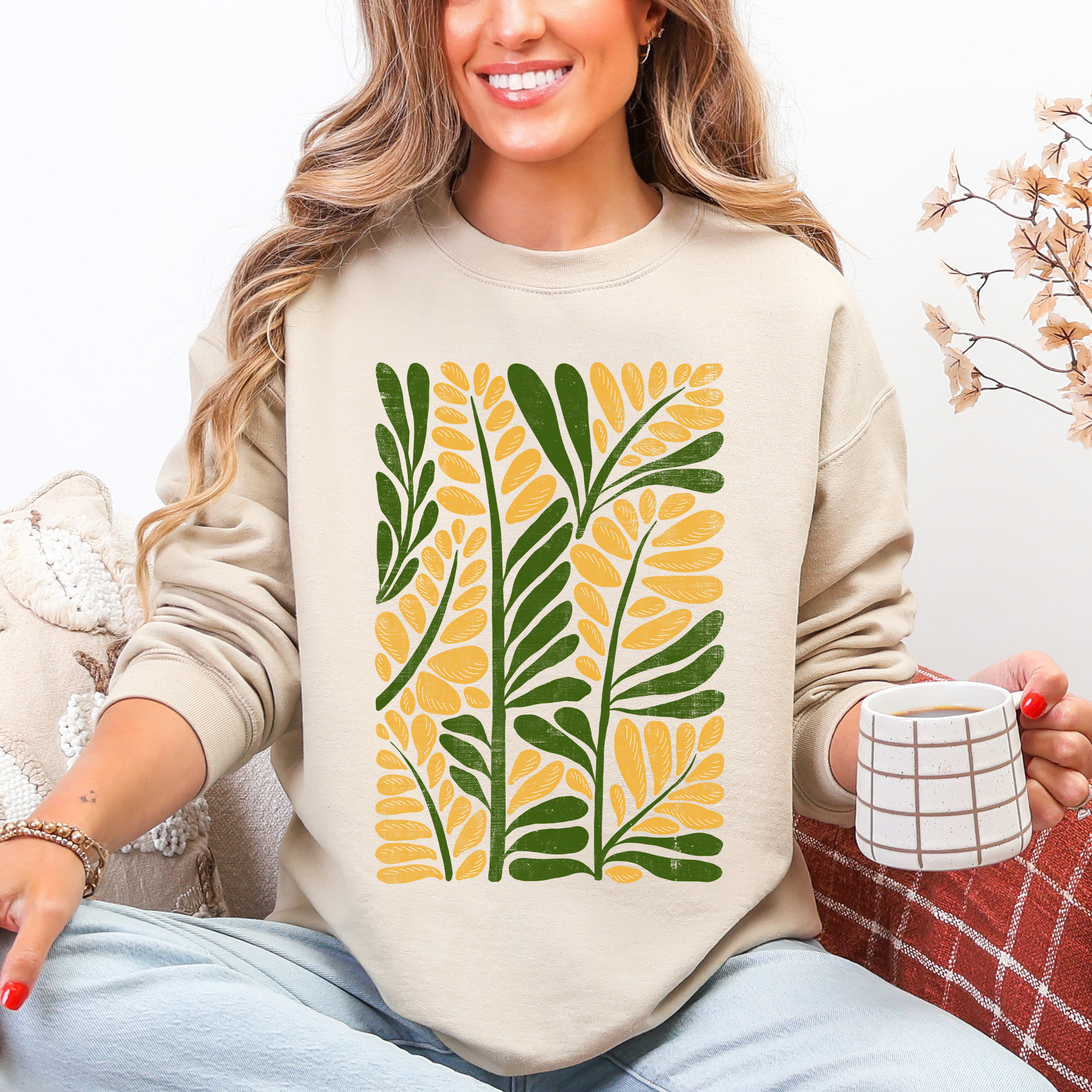 Yellow Leaf Botanical Pattern Vintage Boho Nature Sweatshirt