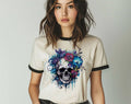Floral Blue Skull - Flower Skull Ringer T-Shirt