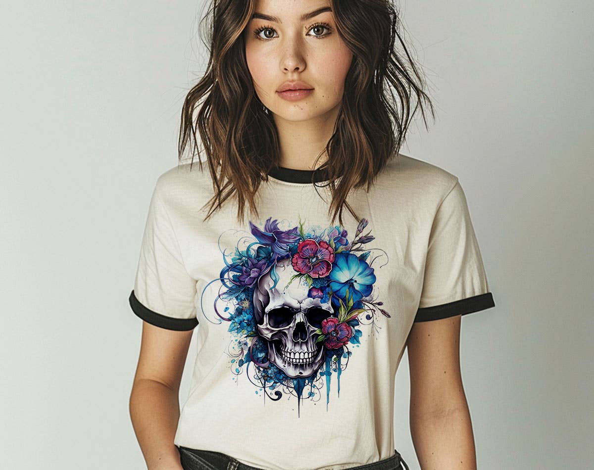 Floral Blue Skull - Flower Skull Ringer T-Shirt