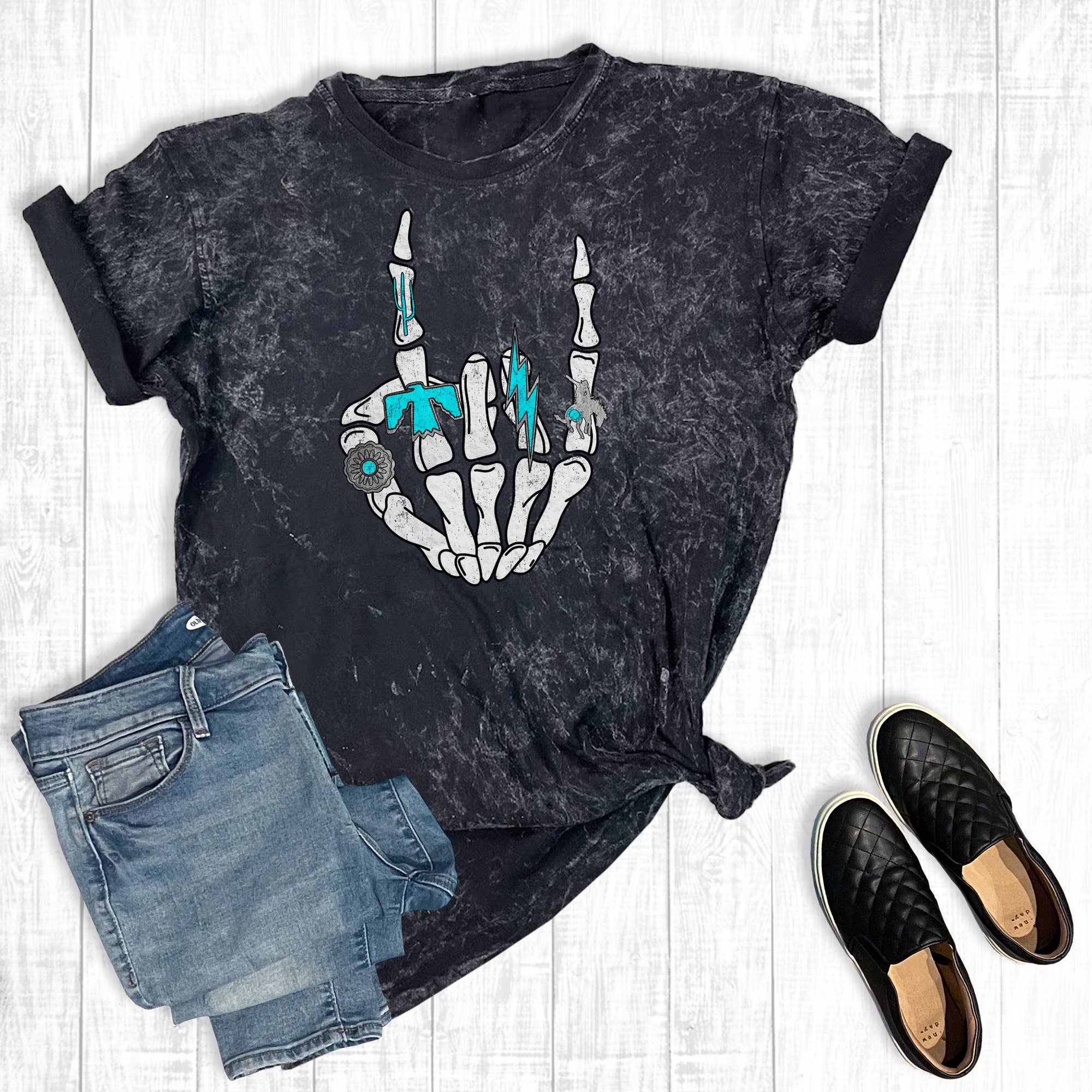 Turquoise Western Skelton Hand Mineral Wash Graphic Tee