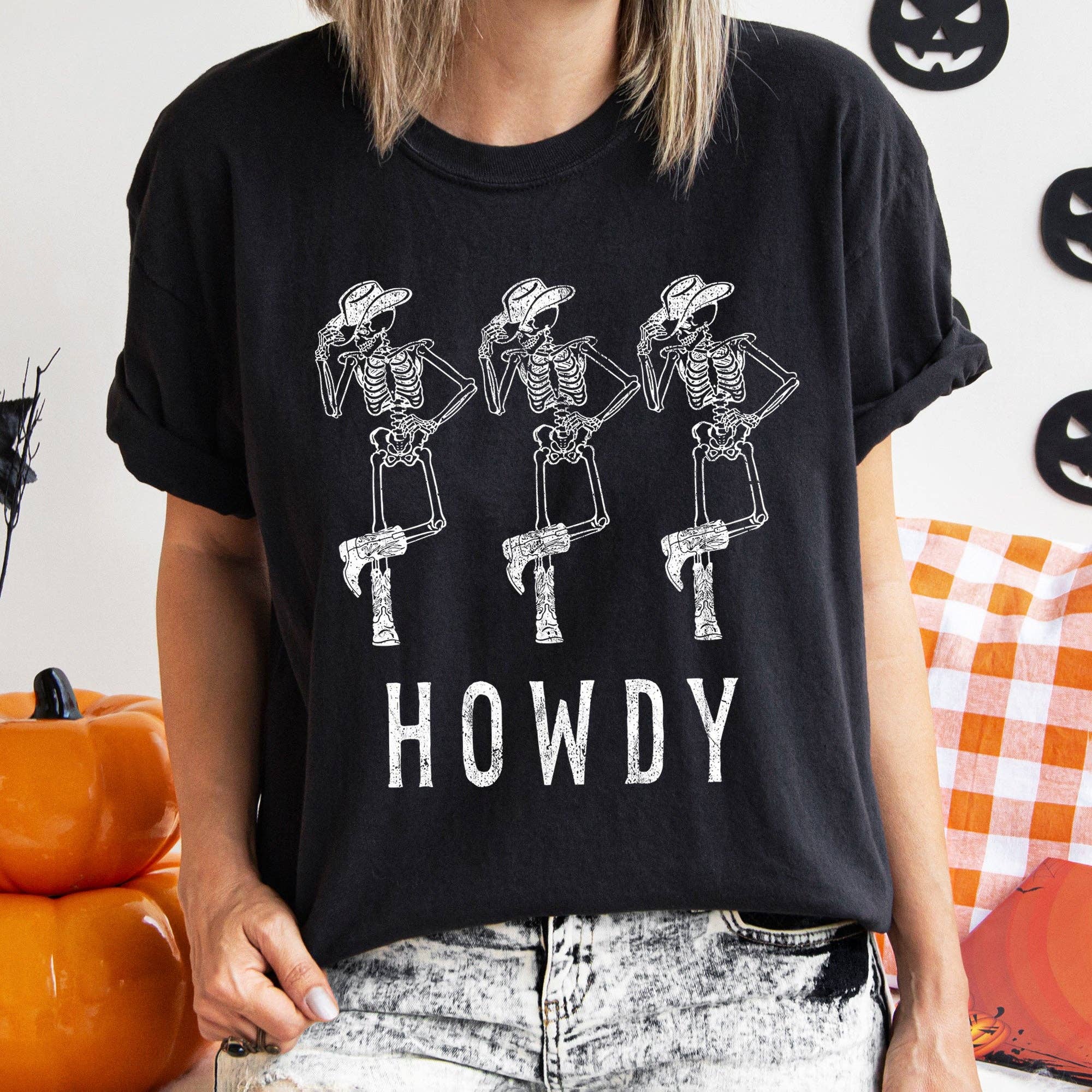 Howdy Skeletons Western Halloween T-Shirt White Print