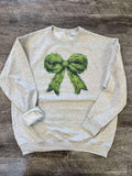Furry Green Christmas Bow On Heather Oatmeal Sweatshirt