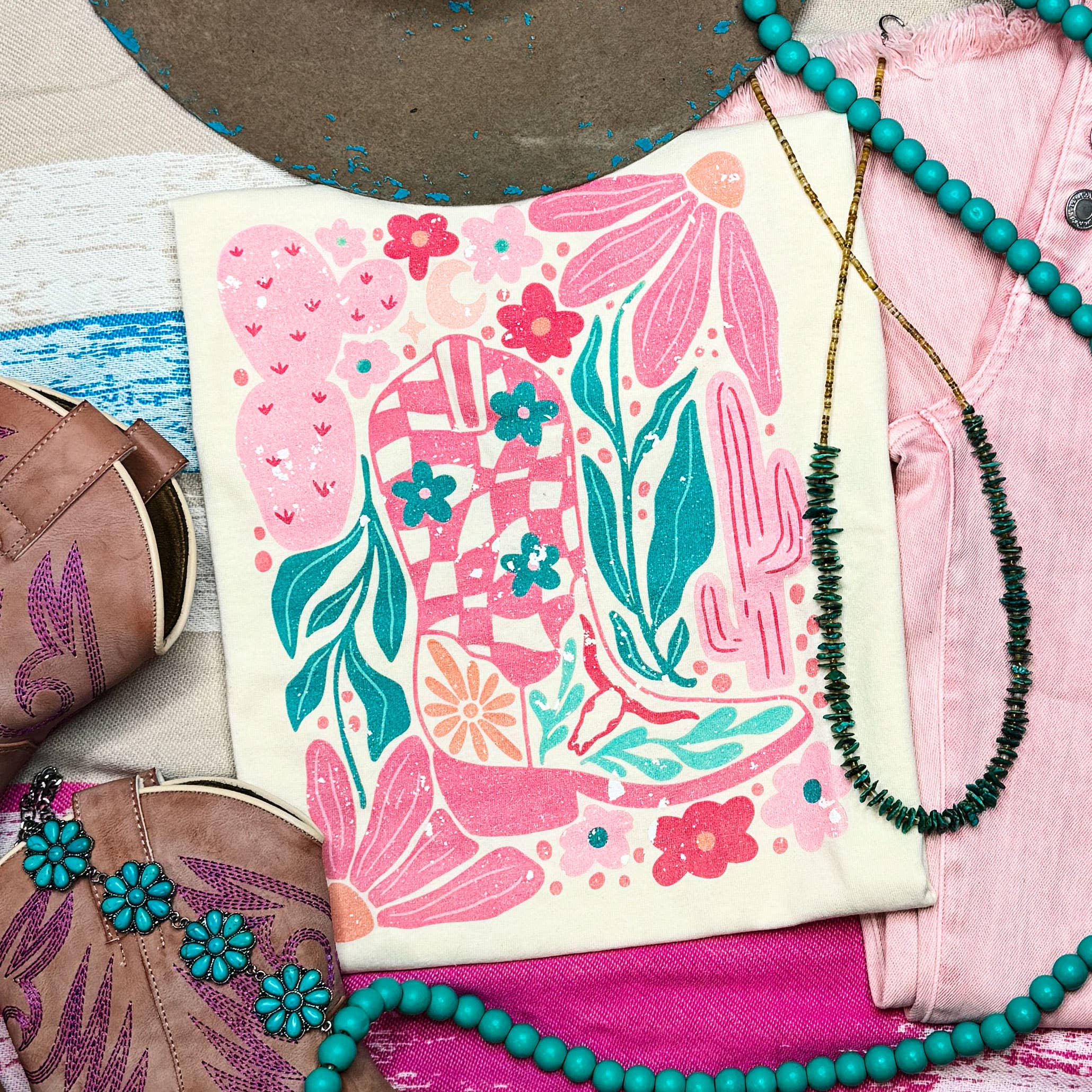 Distressed Boho Floral Cowboy Boots Tee