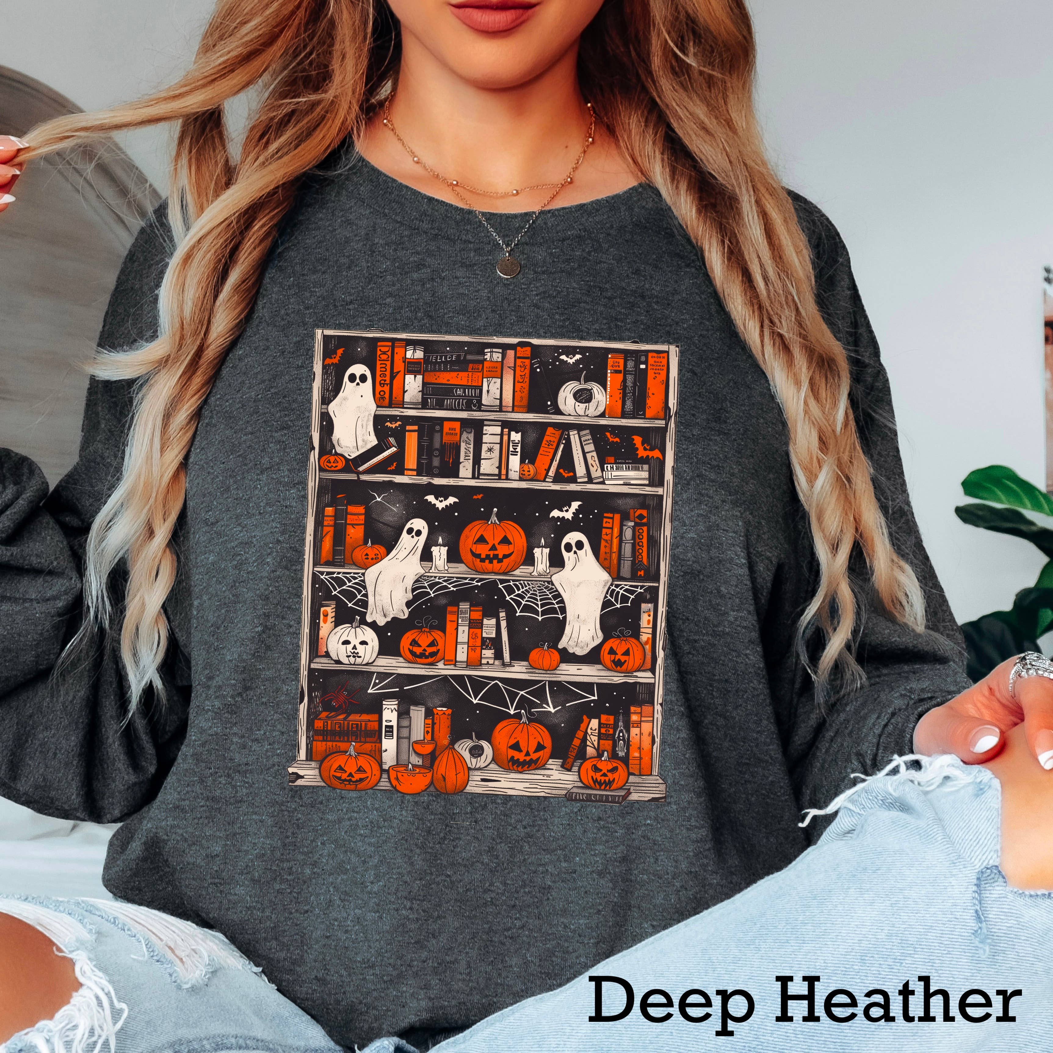 Halloween 2025 Ghost Bookcase Long Sleeve Shirt | Gildan