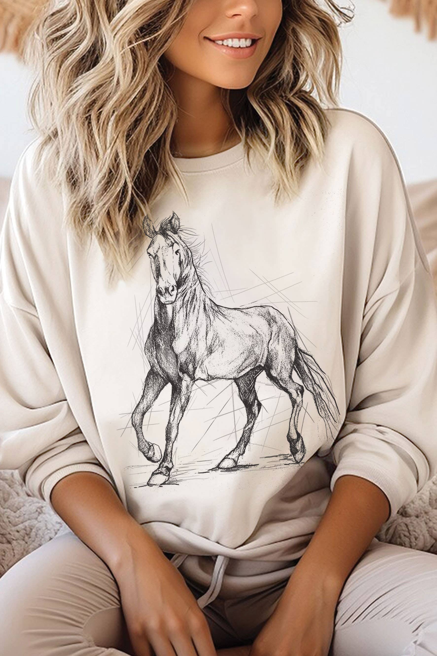 Horse Sketch Graphic Brushed Sweatshirts
