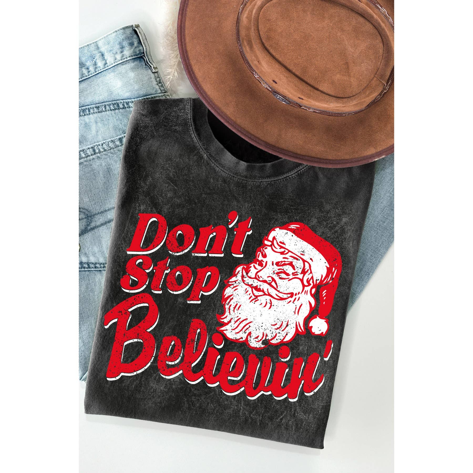 Dont Stop Believin Santa Mineral Wash T Shirt