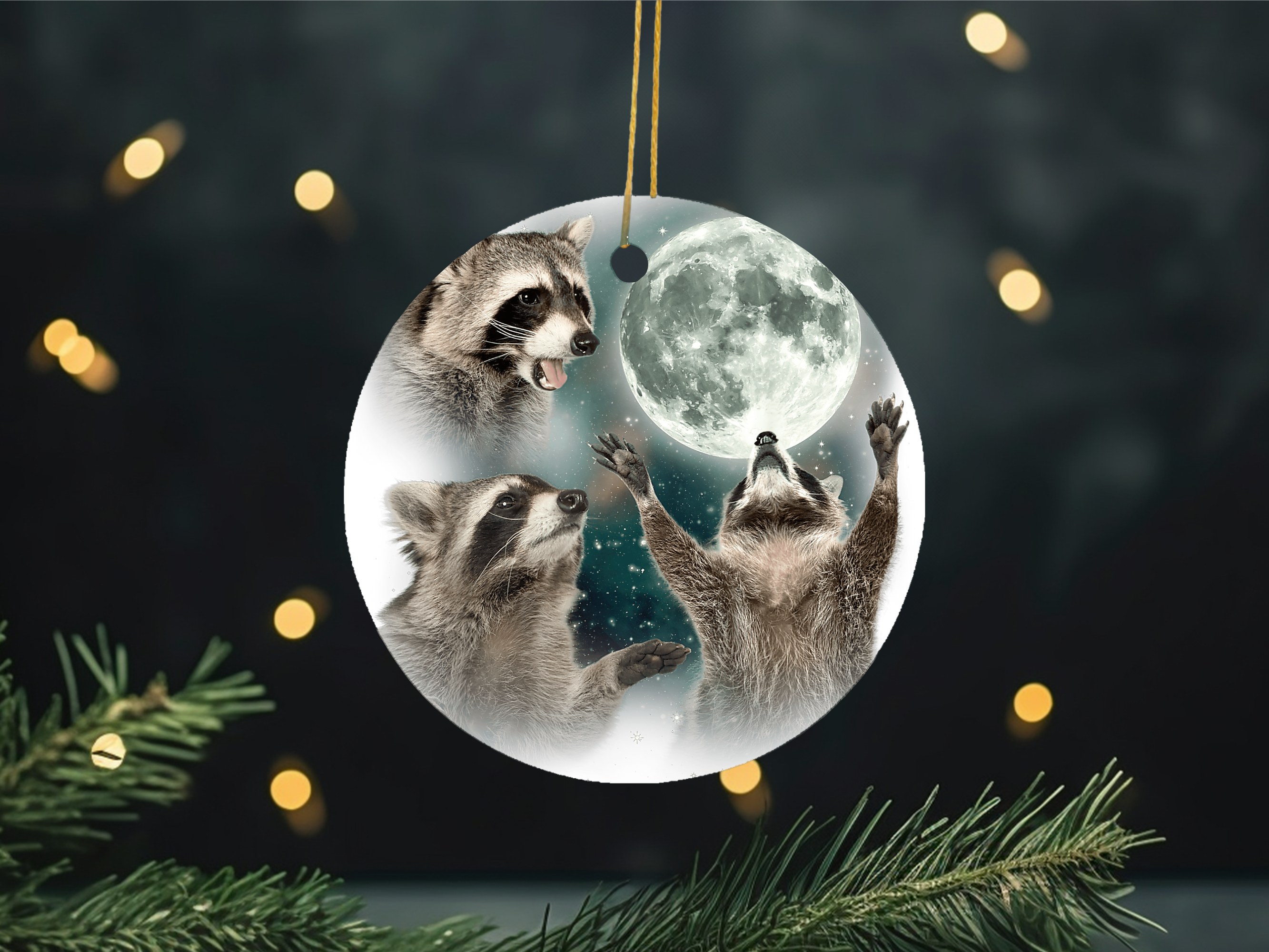3 Raccoons Howling Moon Funny Meme Christmas Ornament
