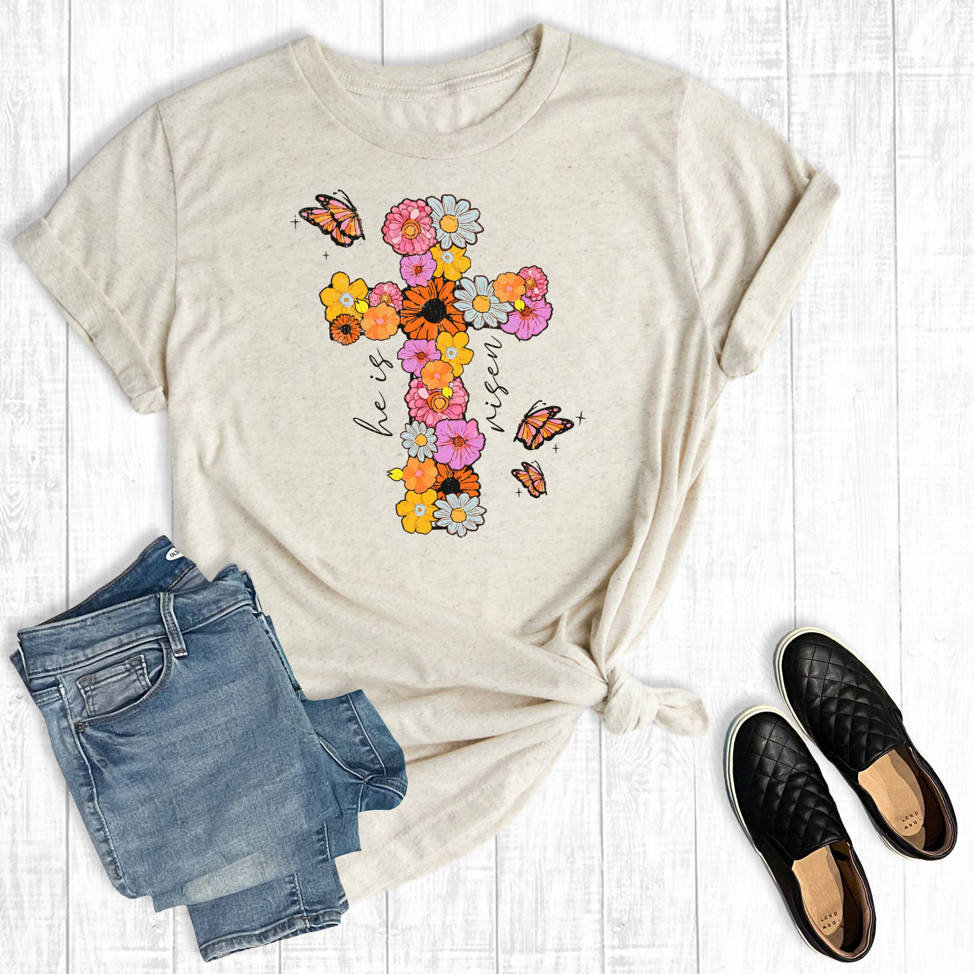 Easter Floral Cross He Is Risen Graphic Tee