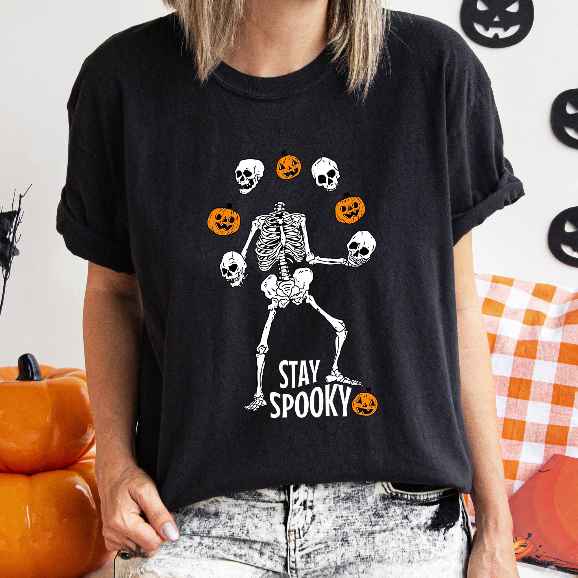 Stay Spooky Juggling Skeleton Halloween T-Shirt White Print