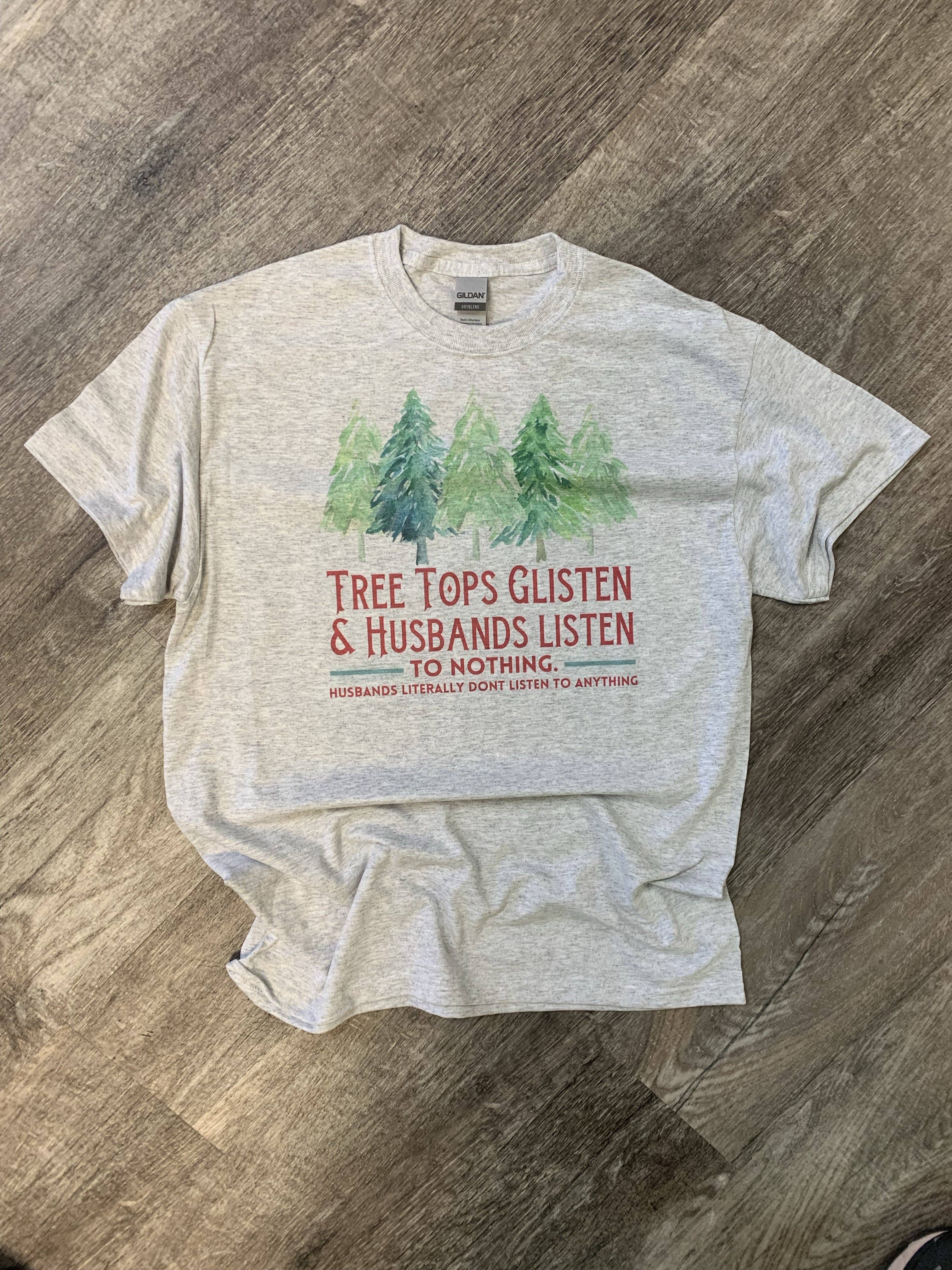 Tree Tops & Husbands Listen On Ash Gray Tee