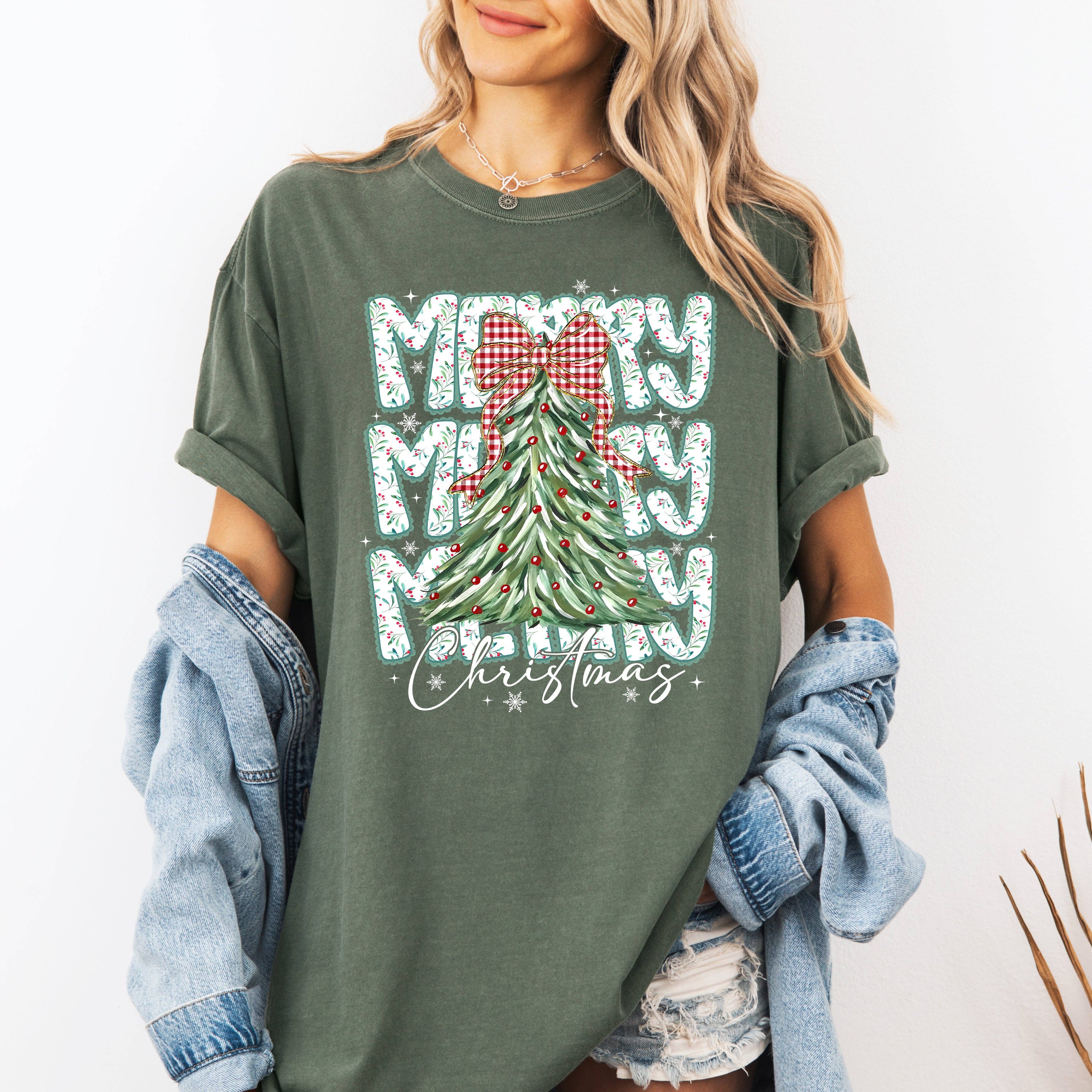 Merry Christmas, Tree, Classic, Santa, Gingham Bow T-Shirt