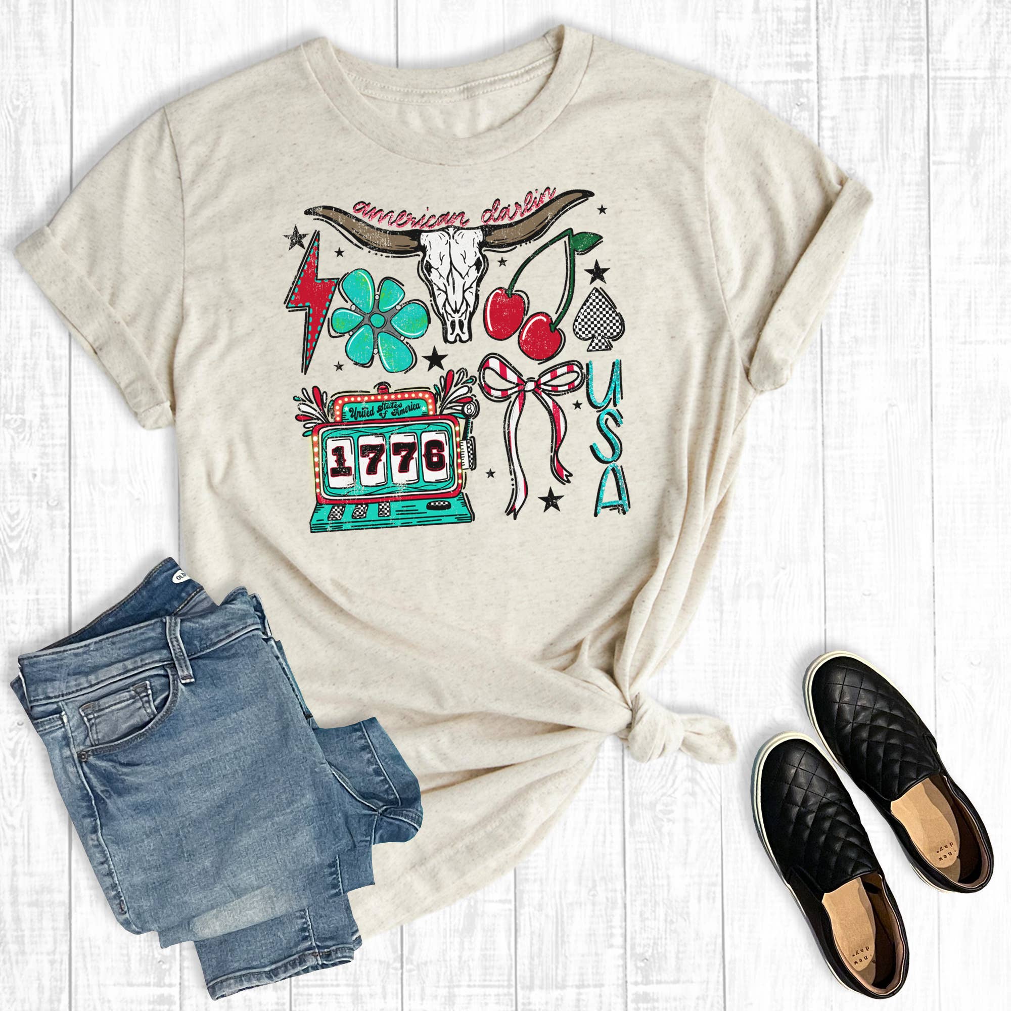 Western 4th of July Cow Skull Collage Graphic Tee