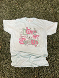 Love Like Jesus Pink and Green Hearts On Heather Purist Blue
