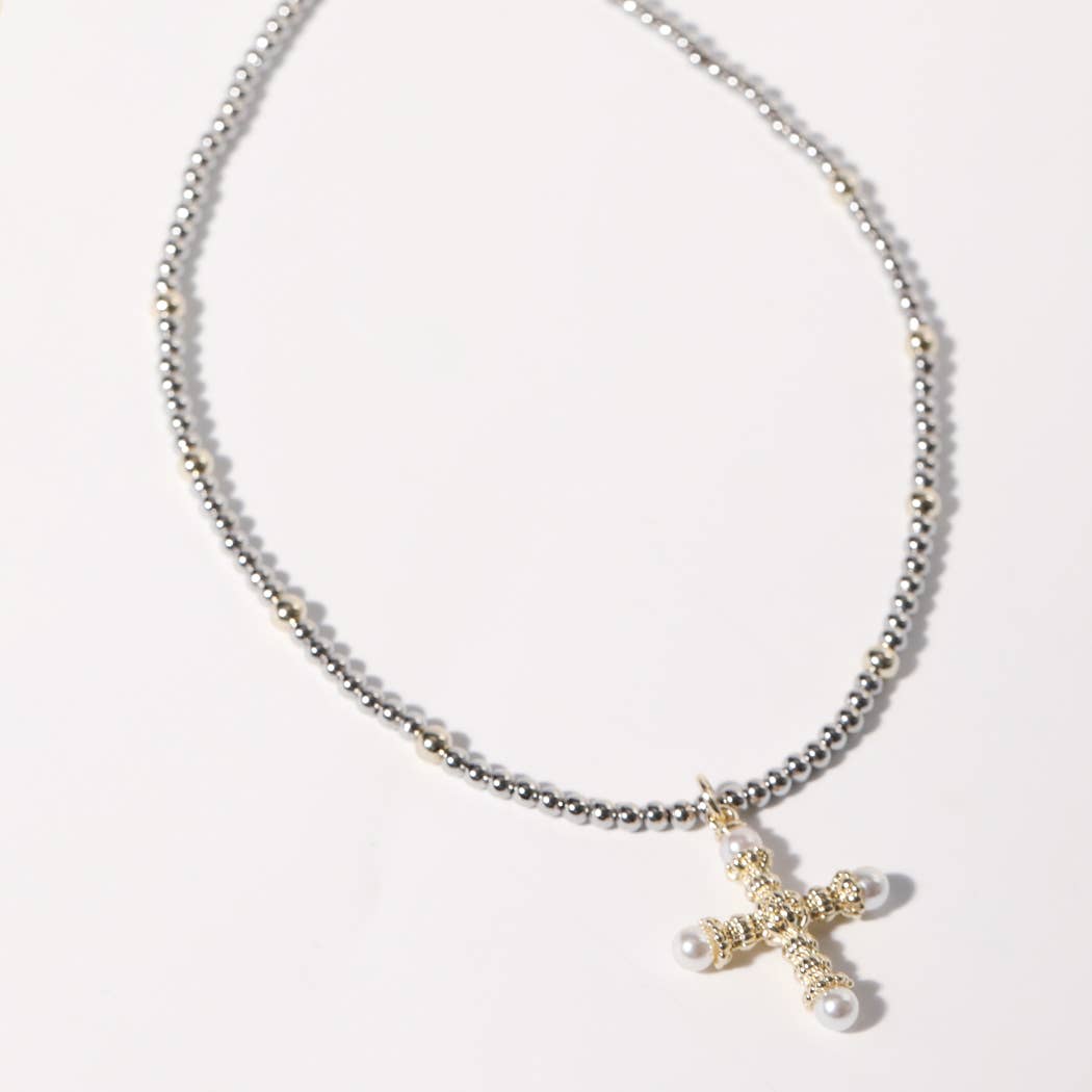 Pearl Accent Cross Pendant Beaded Necklace