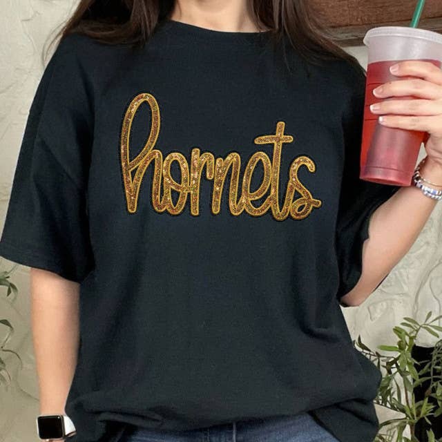 Hornets Gold Sequin Patch Black Everyday Tee