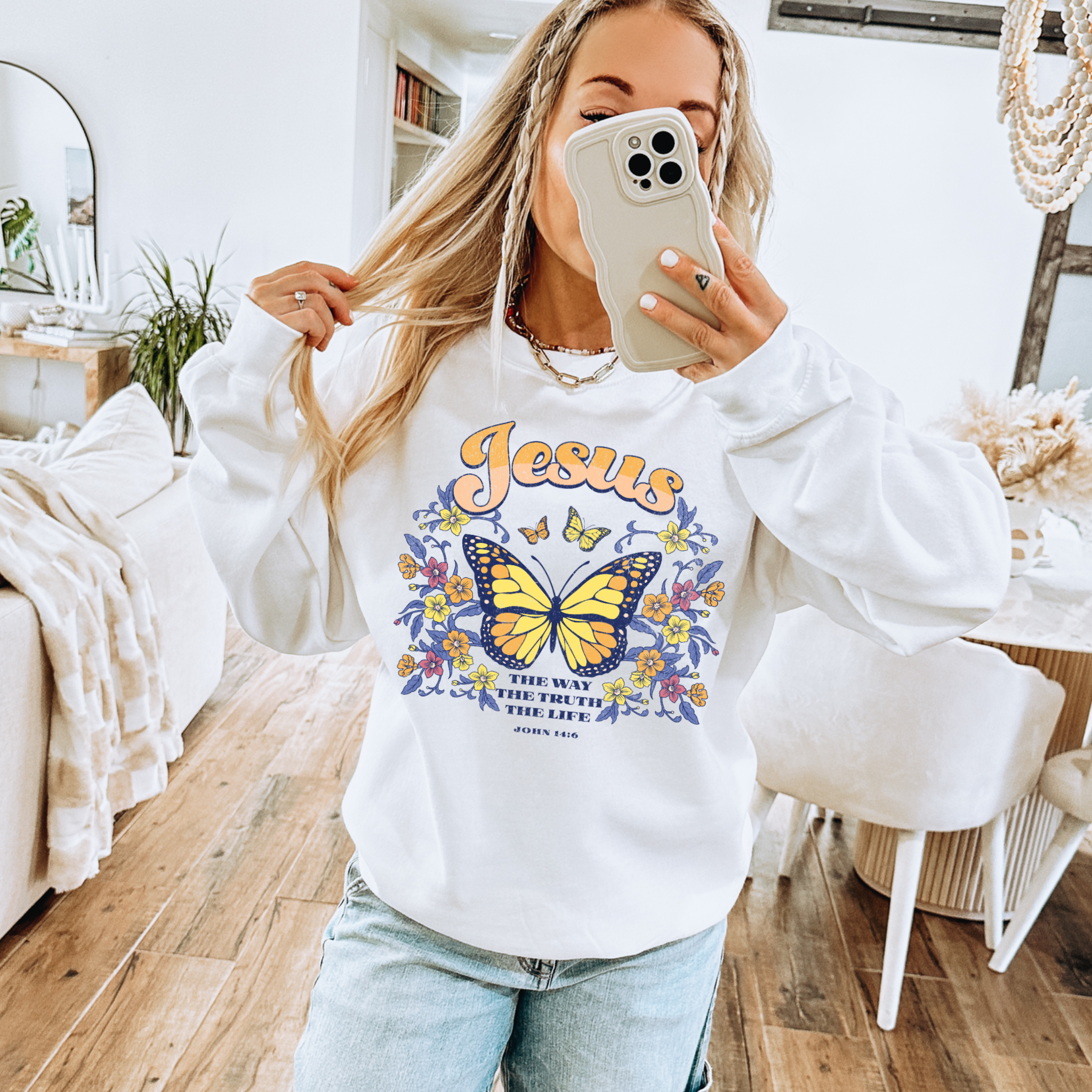 John 14:6 Floral Religious Butterfly Graphic Crewneck