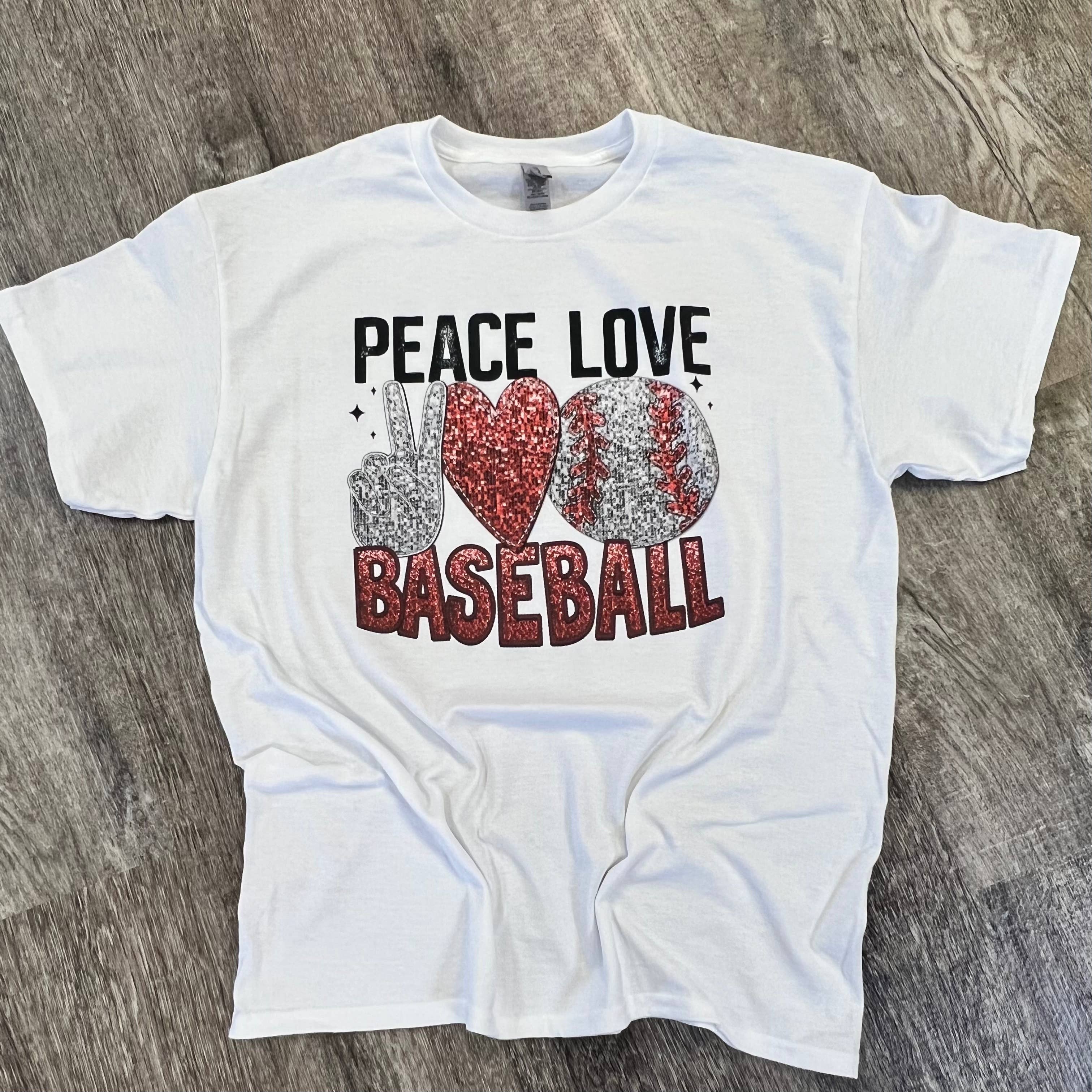 Peace Love Baseball On White Tee