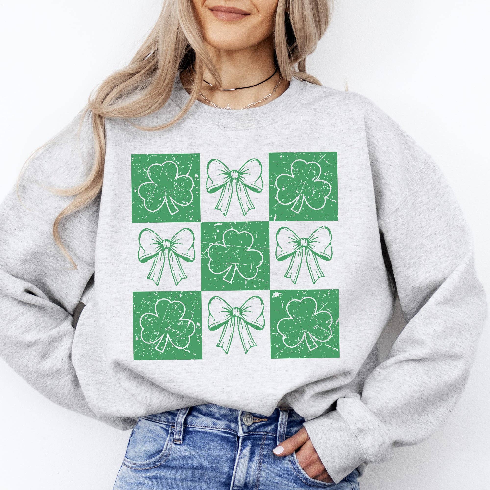 Checkered, Ribbon, Bows St Patrick's Day Shamrock Sweatshirt