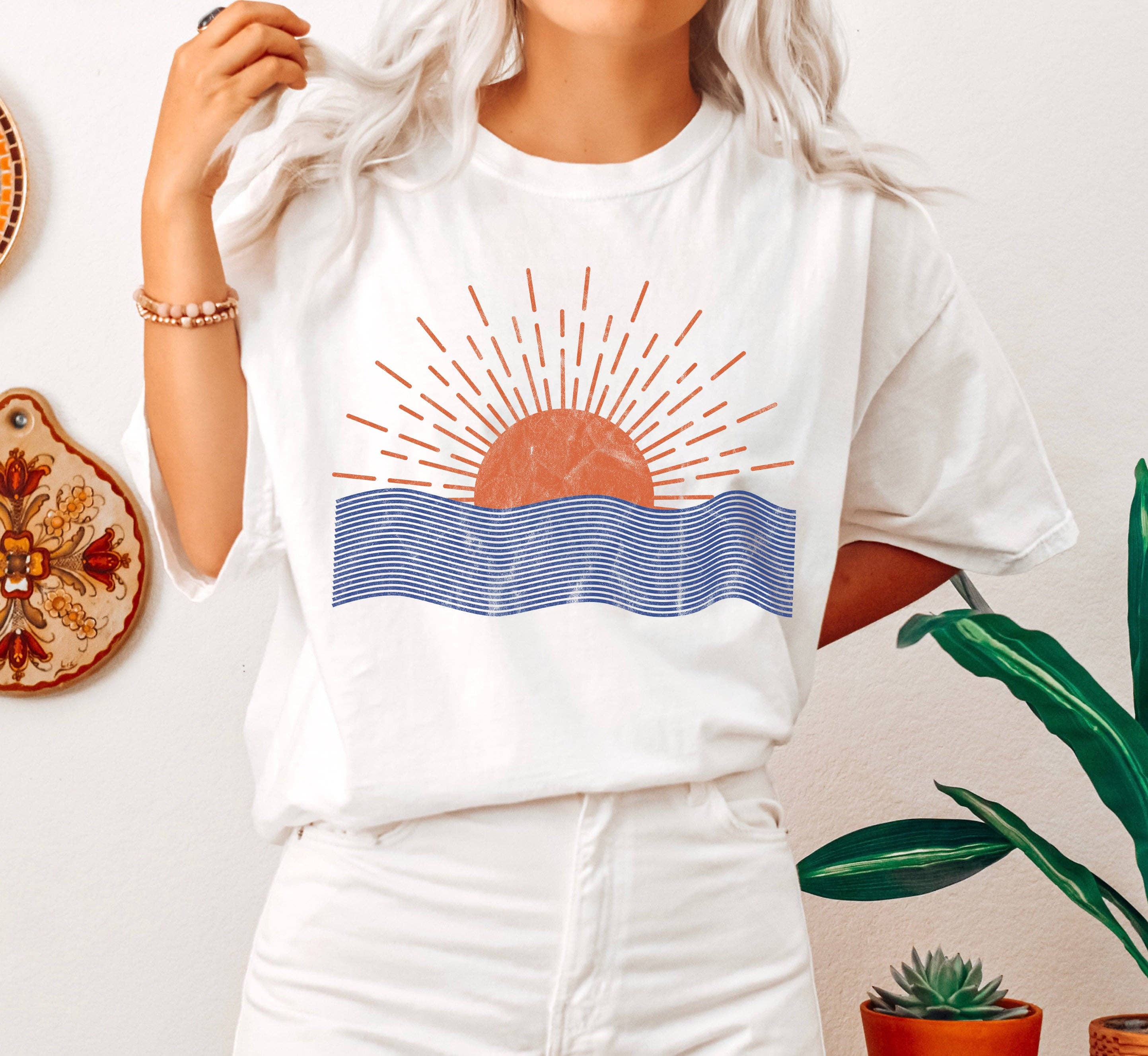 Sunrise and Waves Line Art T-Shirt
