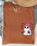 Cute Pink Ghost, Pocket Print, Halloween, Coffee, Bats Shirt