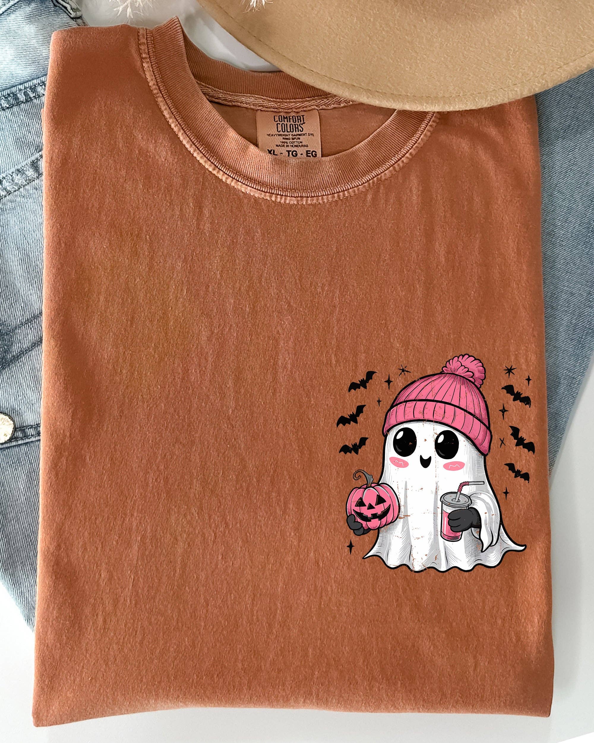 Cute Pink Ghost, Pocket Print, Halloween, Coffee, Bats Shirt