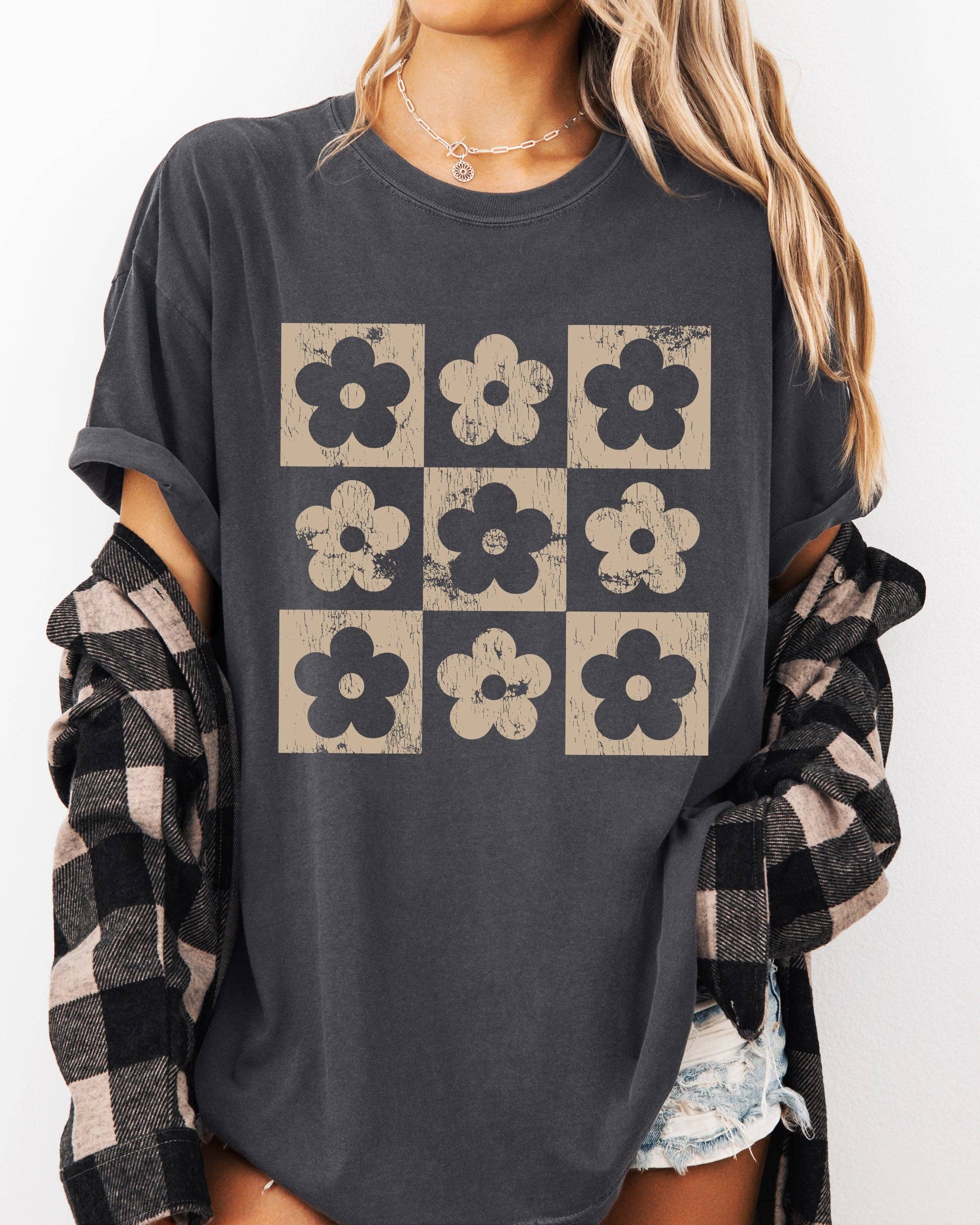 Retro Checkered Flowers, Minimalist, Vintage Shirt