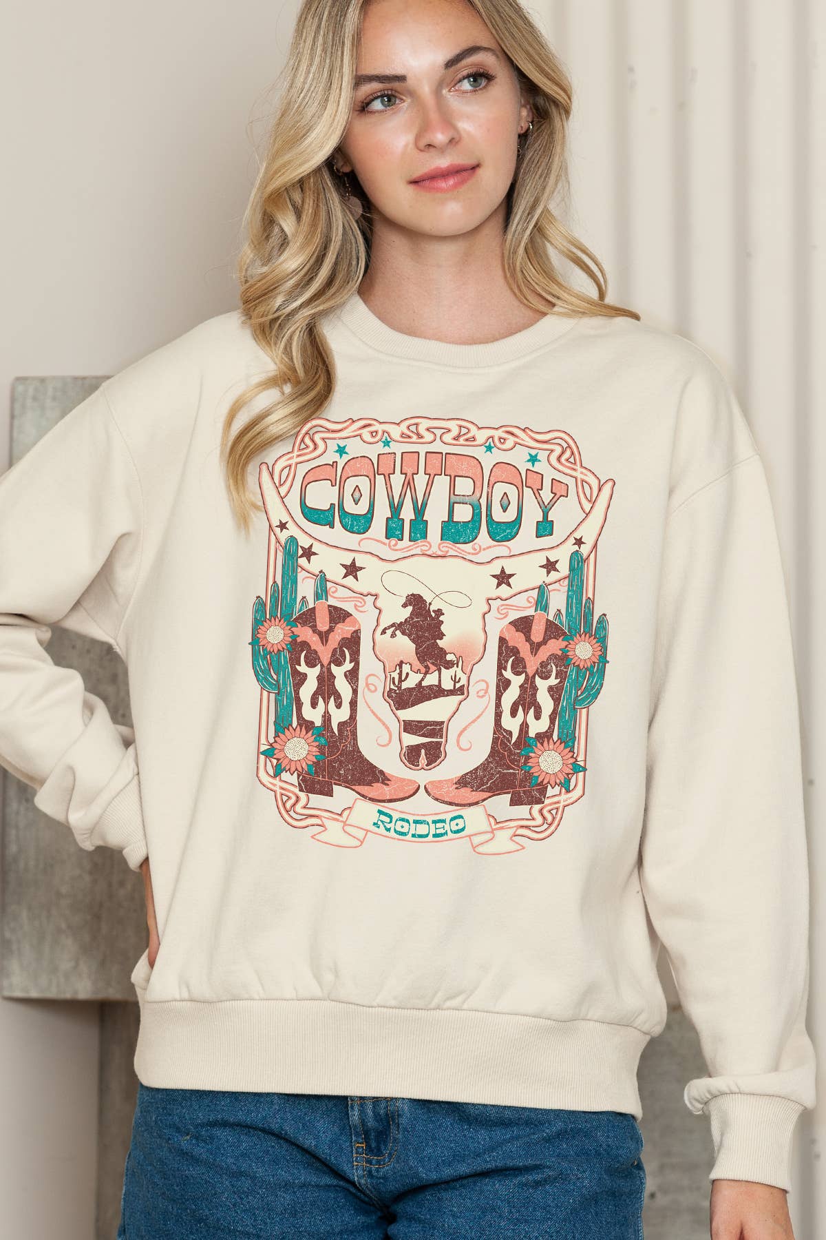 Women Cowboy Rodeo Graphic Print Pullover Sweater Top