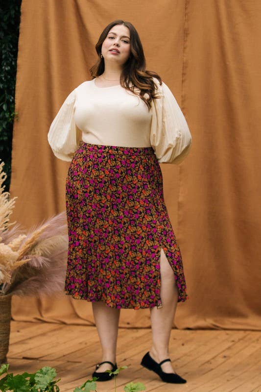 Plus Size Pleated Print Midi Skirt