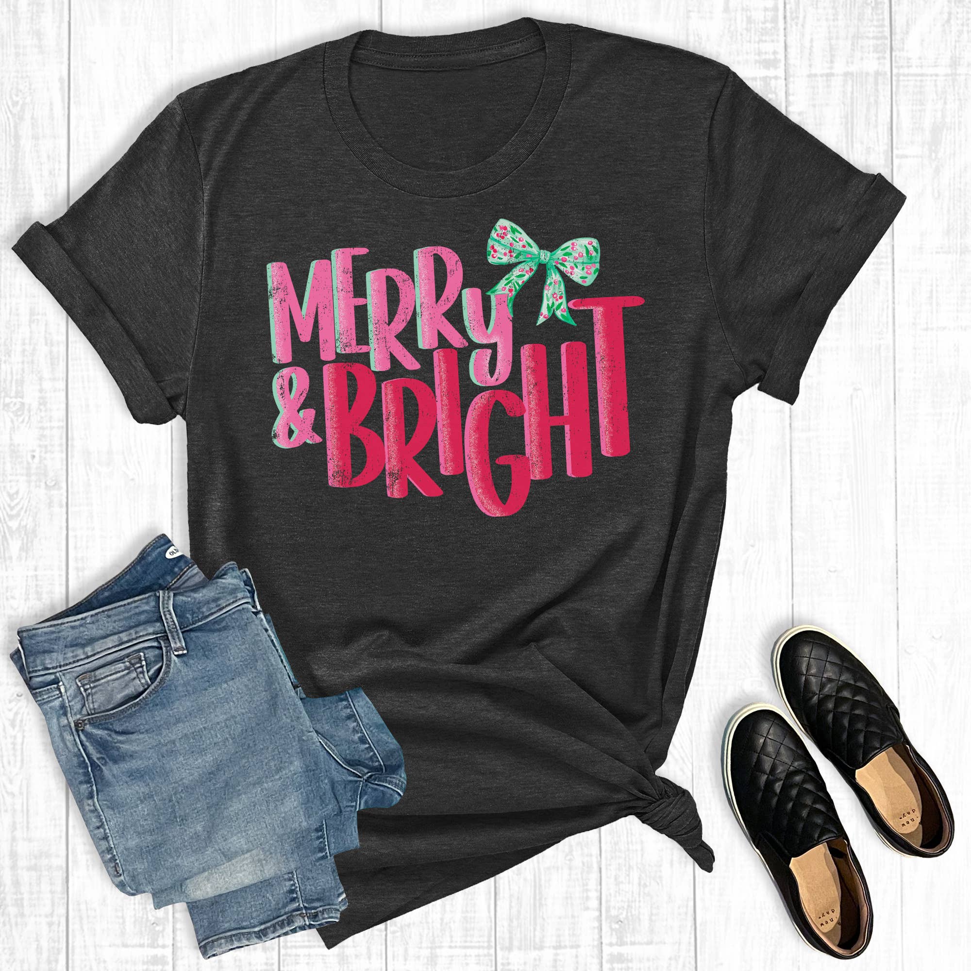 Retro Coquette Merry and Bright Christmas Graphic Tee