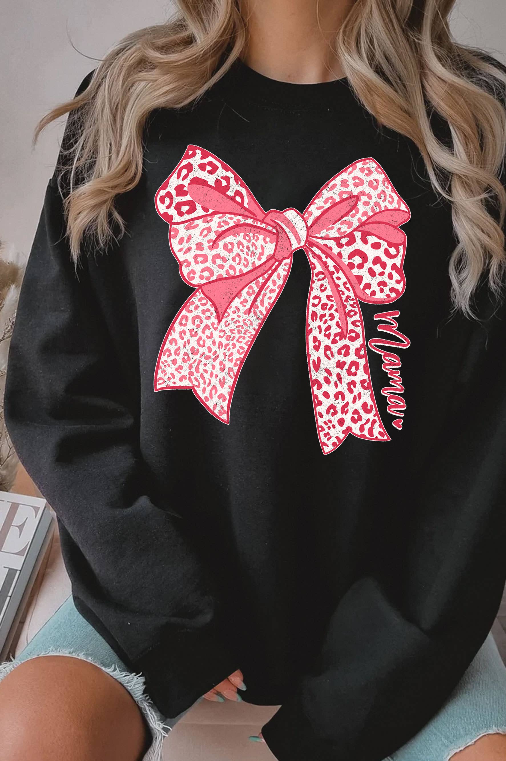 Coquette Leopard Bow Mama Graphic Brushed Sweatshirts