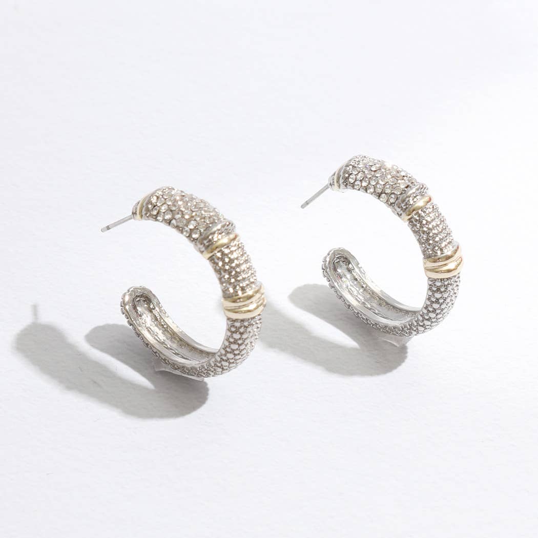 Cz Half Hoop Two Tone Designed Post Earrings