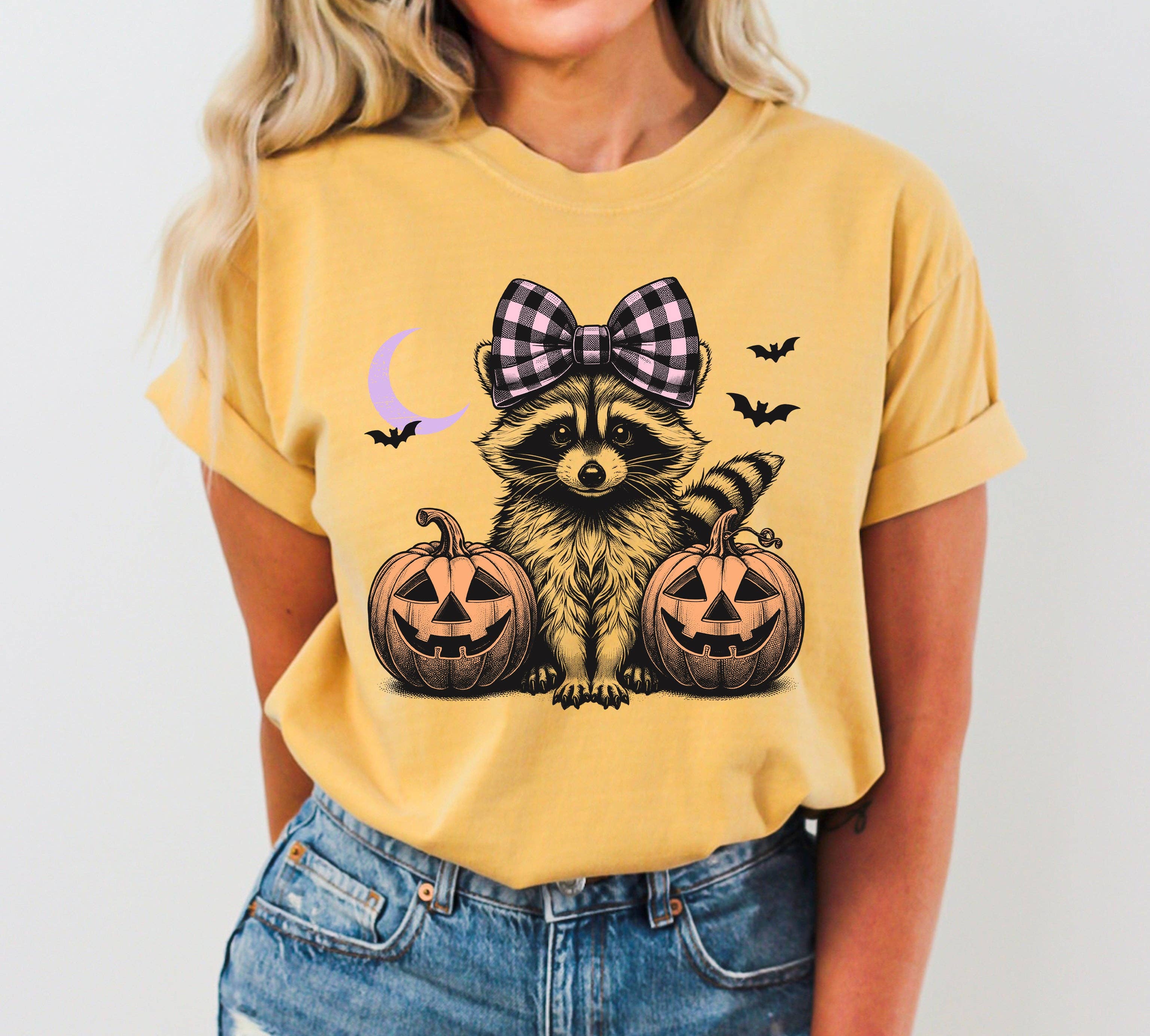 Cute Racoon, Hair Bow Ghost Pumpkin Western Halloween Tshirt