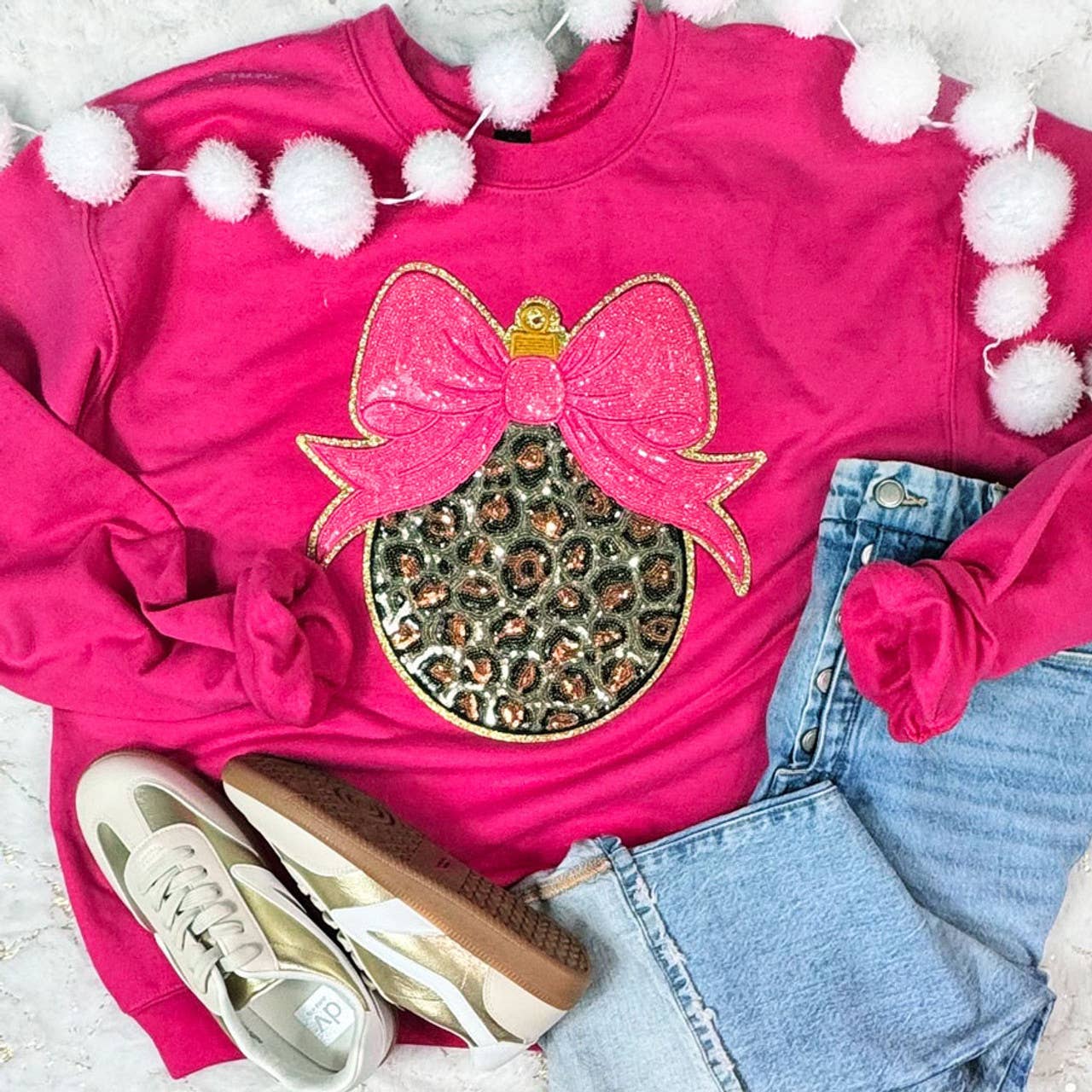 Pink Glitter Bow Leopard Ornament Sequin Sweatshirt