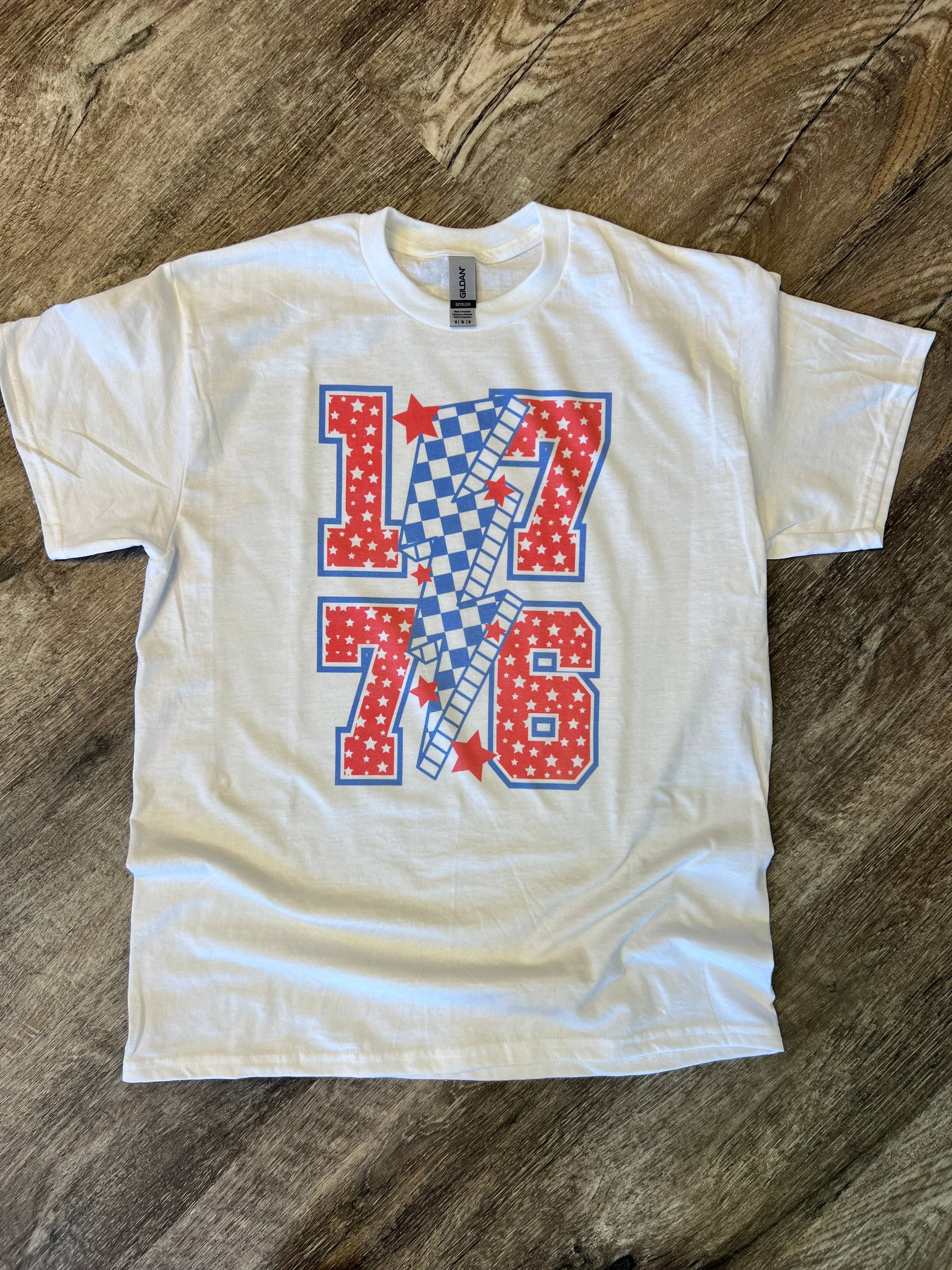 1776 (Patriotic with Lightning Bolt) On White Tee