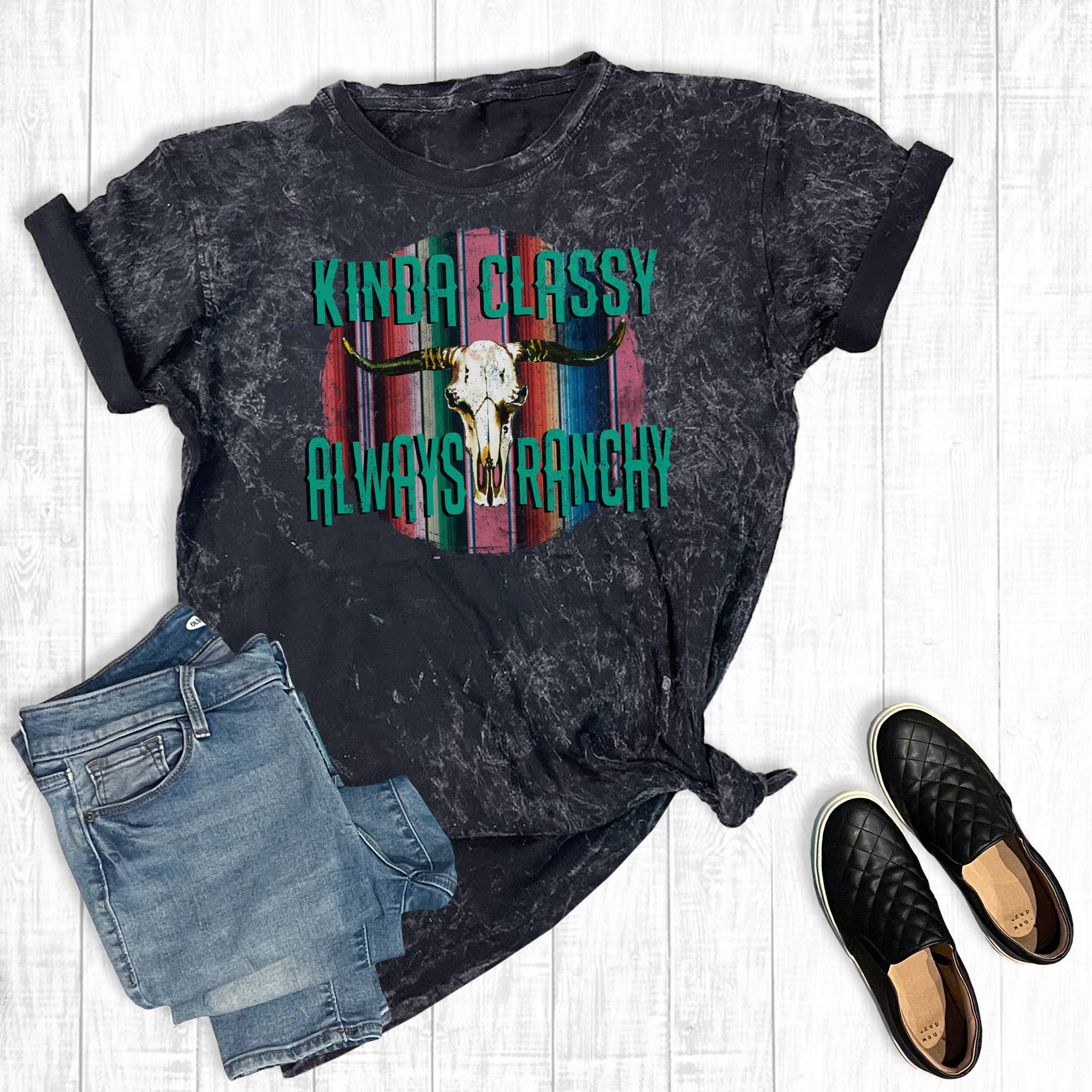 Western Kinda Classy Always Ranchy Mineral Wash Graphic Tee