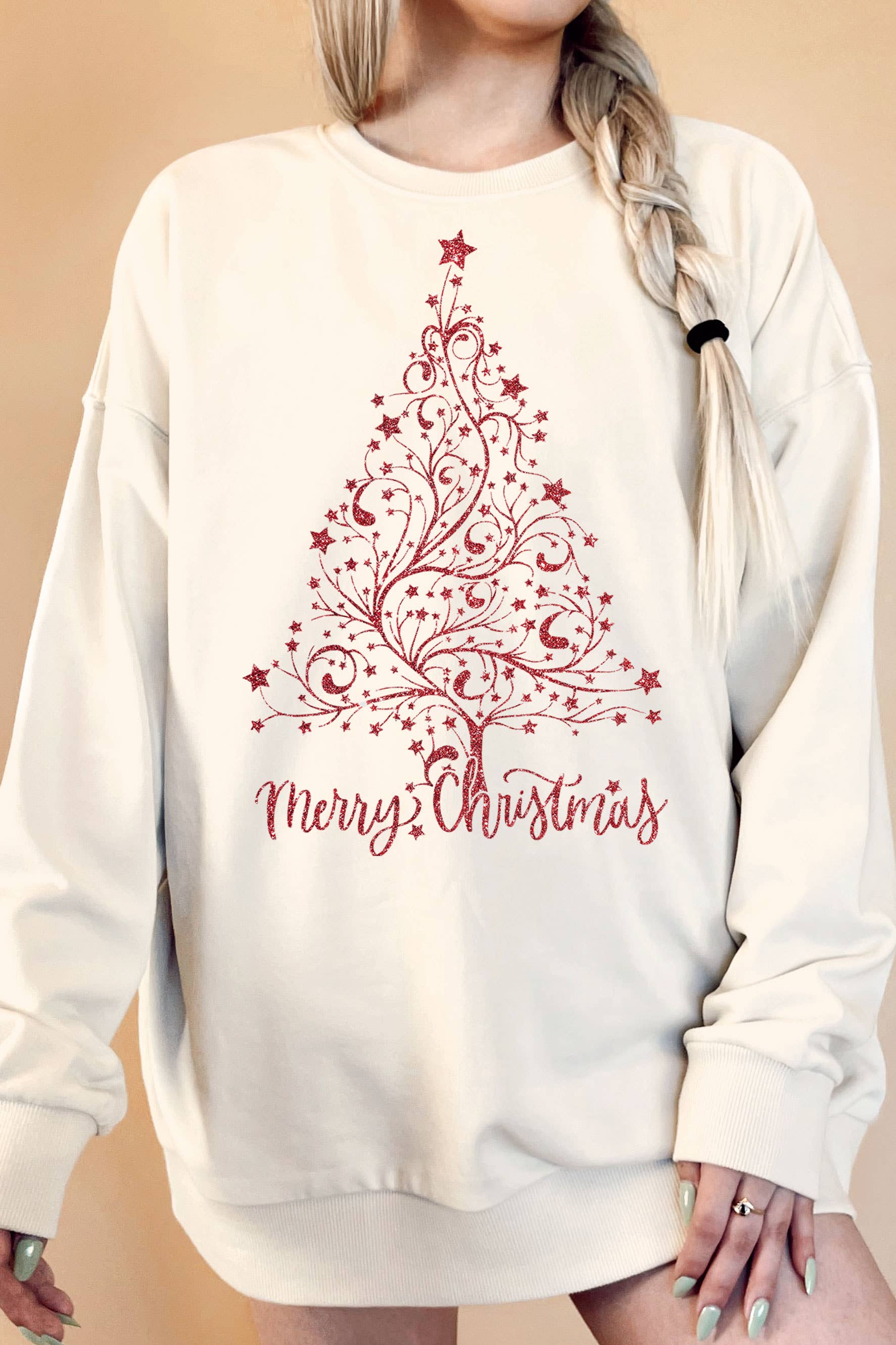 Glitter Christmas Tree Oversize Graphic Terry Sweatshirts