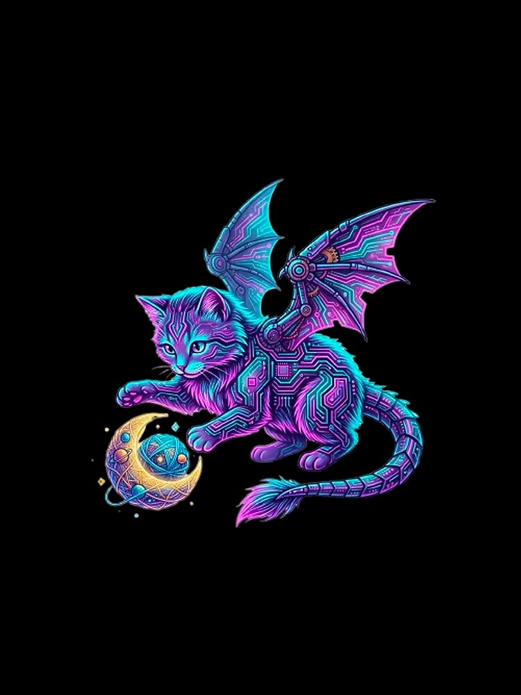 Celestial Dragon-Cat - Cyberpunk Winged Kitten & Moon Yarn Ball Art by MT-Hub | Art for Every Soul