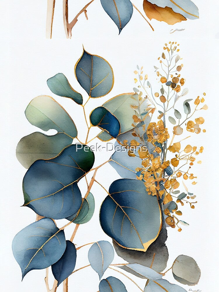 Boho Blue and Gold Eucalyptus by Peek-Designs