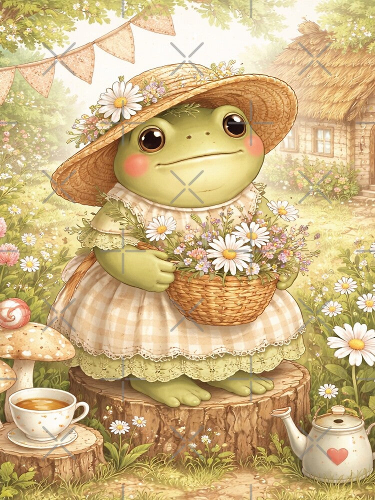 Cottagecore Frog in garden with flowers by TessAdventures