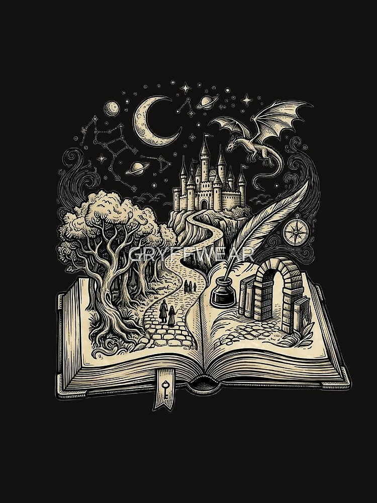 Fantasy Book World Illustration | Magical Storybook Castle and Dragon Art by GRYFFWEAR