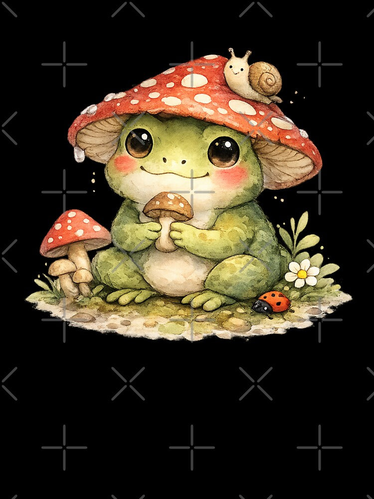 Cute Frog with Mushroom Hat – Cottagecore Watercolor Frog Illustration by Nusha Creations