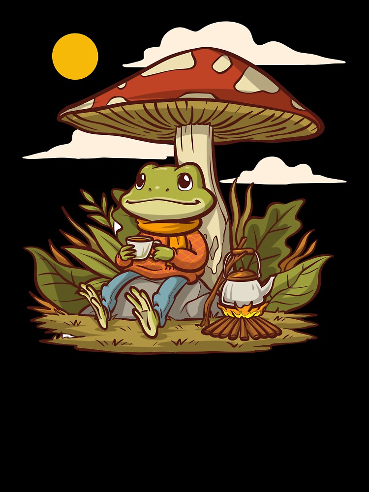 Cozy Frog Drinking Tea Under Mushroom Cottagecore Campfire Wholesome Art by DERA RAY