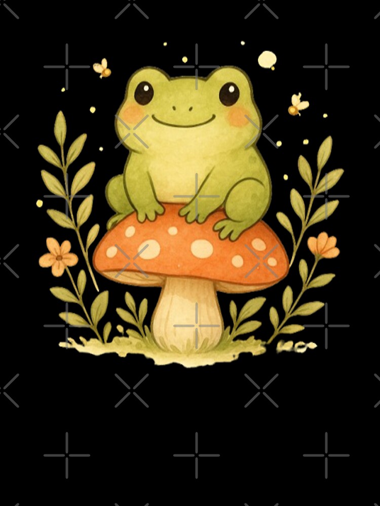 Cute Cottagecore Frog on Mushroom – Kawaii Watercolor Nature Art by FernandsOficial