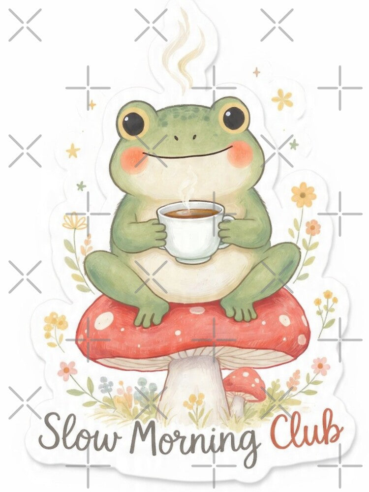 Cute Frog Tea Sticker – Slow Morning Club Cottagecore Frog Aesthetic Sticker by Utsav kadia