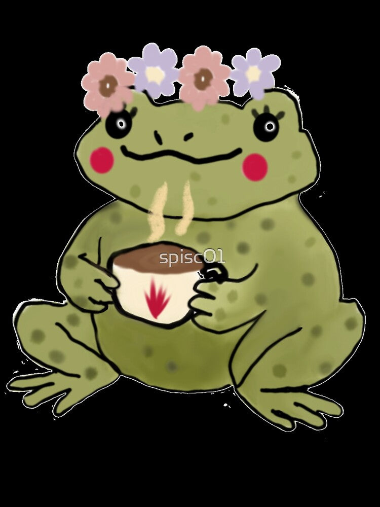 Cozy Frog with Flower Crown and Tea – Cottagecore Vibes by spisc01