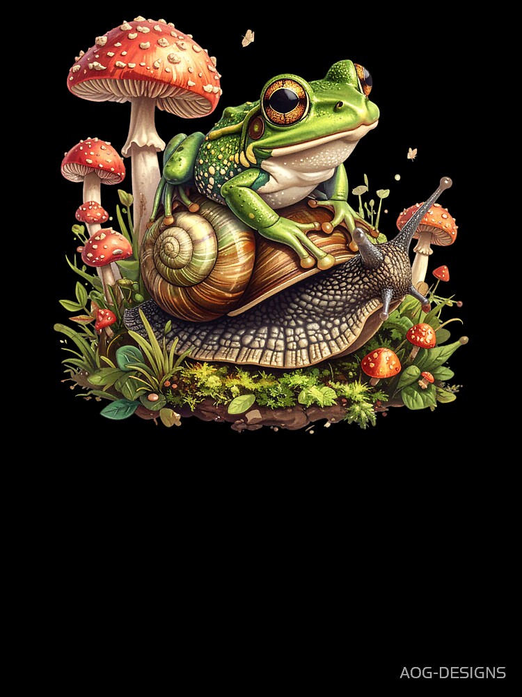 Cottagecore Frog Riding Snail Cute Kawaii Toadstool Mushroom Nature Design by AOG-DESIGNS
