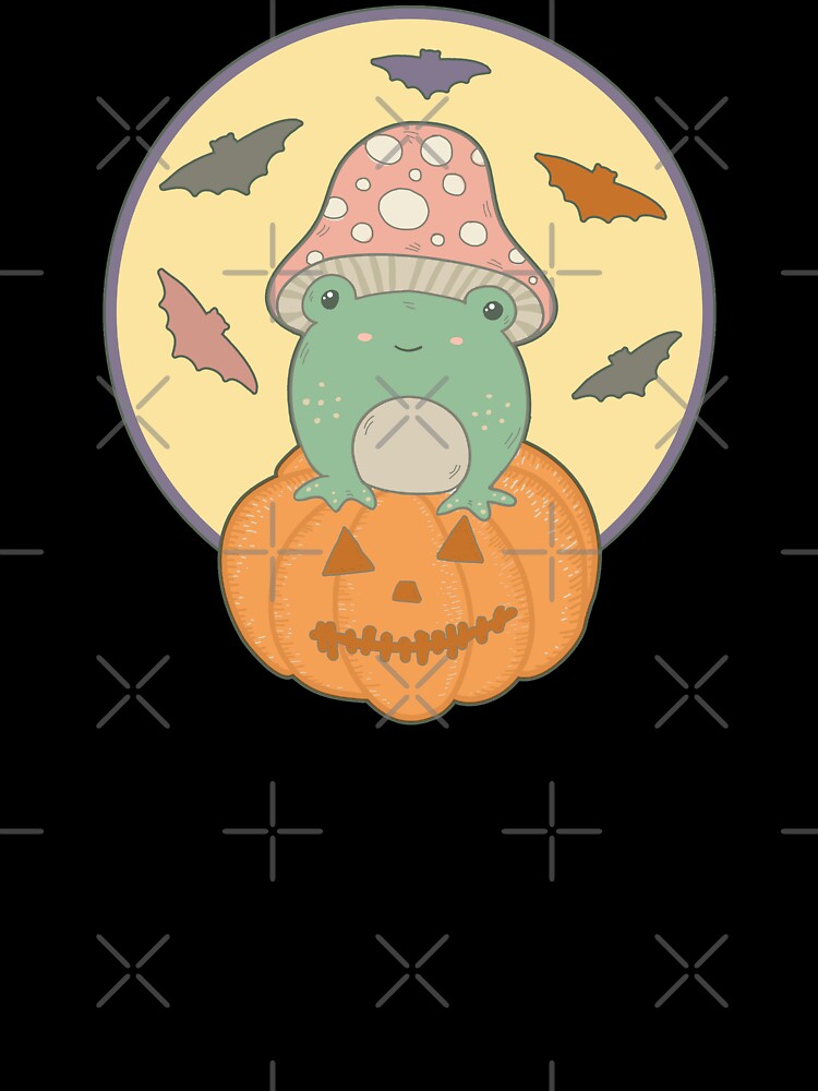 Cute Halloween Cottagecore Frog & Full Moon Bats by GrimButterfly