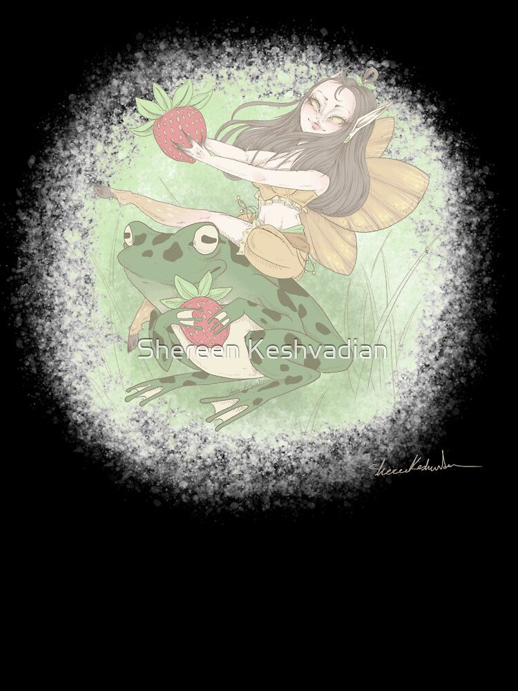 Strawberry moth fairy and frog friend by Shereen Keshvadian
