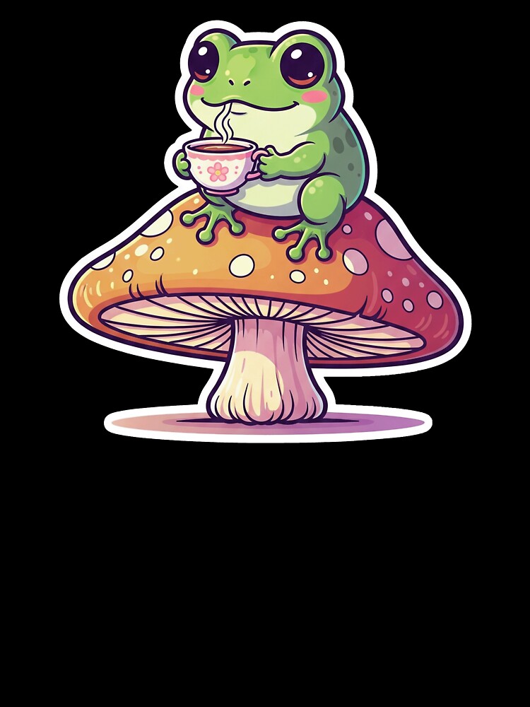 Cute Froggie Sipping Tea on Mushroom Sticker by RACreationz