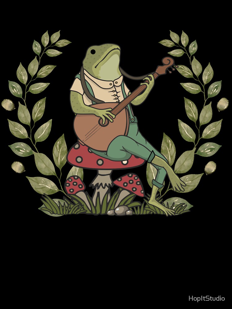 Cute frog cottagecore aesthetic. Frog playing a banjo sitting on a mushroom by HopItStudio